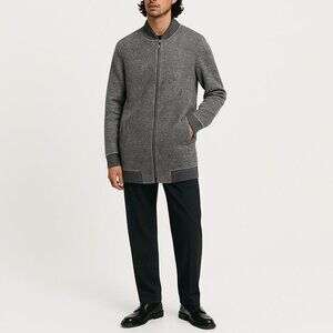 MNG Grey Knit Longline Bomber Jacket Coat M Felted Fabric